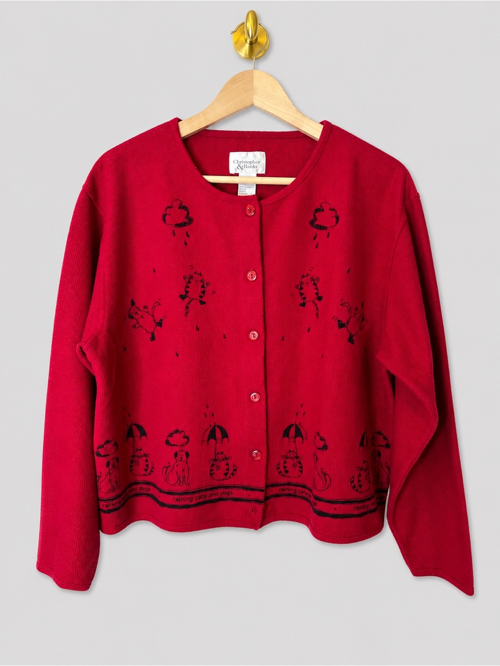 Christopher & Banks Red Raining Cats & Dogs Button Front Cardigan Sweater
